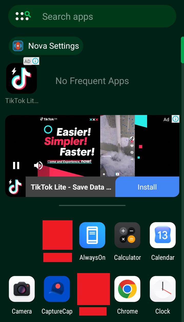 A cropped screenshot showing the app drawer. The app drawer shows a search bar at the top, a "Nova Settings" button below it. Below that button is an icon for TikTok with "ad" mentioned on it. Further below there is a wide ad for TikTok that automatically plays and is unmuted. Below that are the app icons. Some apps are purposefully hidden for privacy reasons.