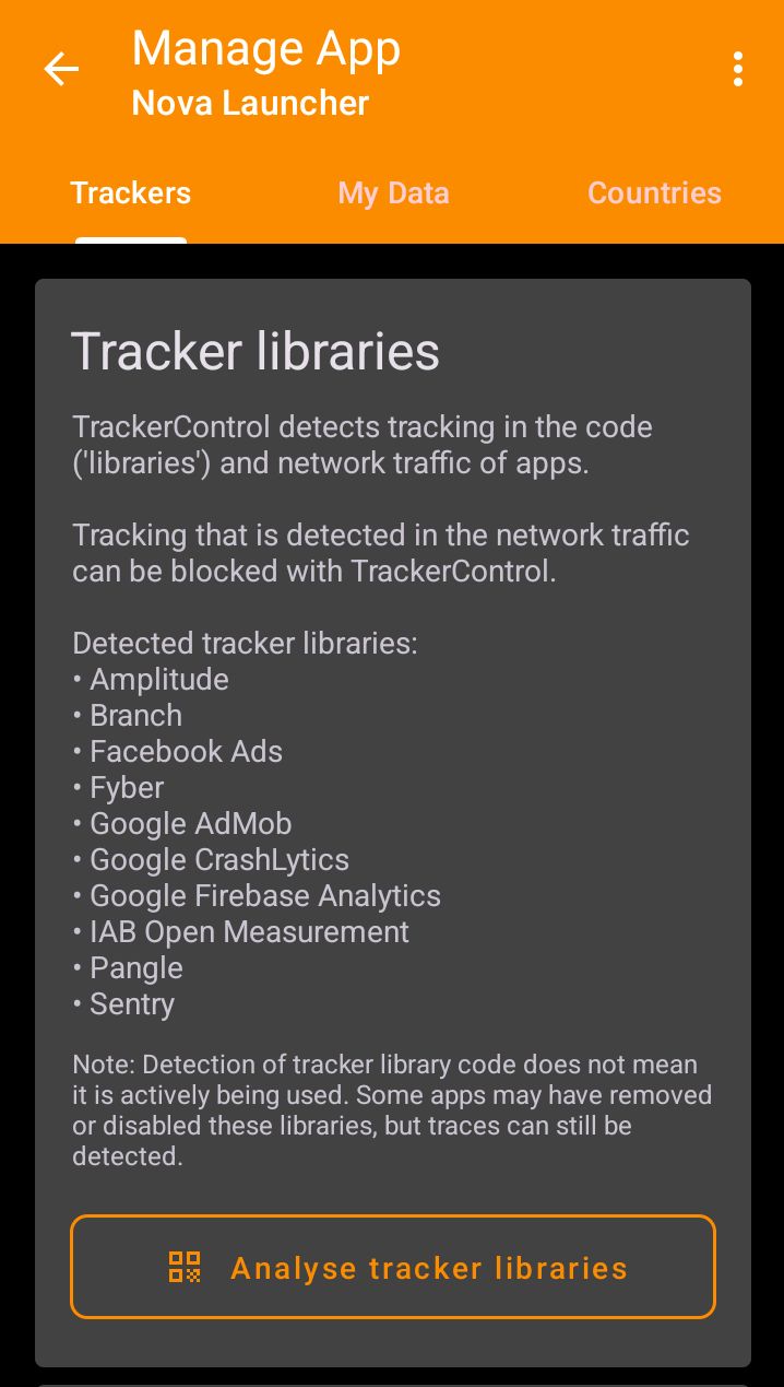 A screenshot showing detected tracker libraries. The libraries mentioned include the following: Amplitude, Branch, Facebook Ads, Fyber, Google AdMob, Google Crashlytics, Google Firebase Analytics, IAB Open Measurement, Pangle, Sentry. It also contains a note that says "Note: Detection of tracker library code does not mean it is actively being used. Some apps may have removed or disabled these libraries, but traces can still be detected."