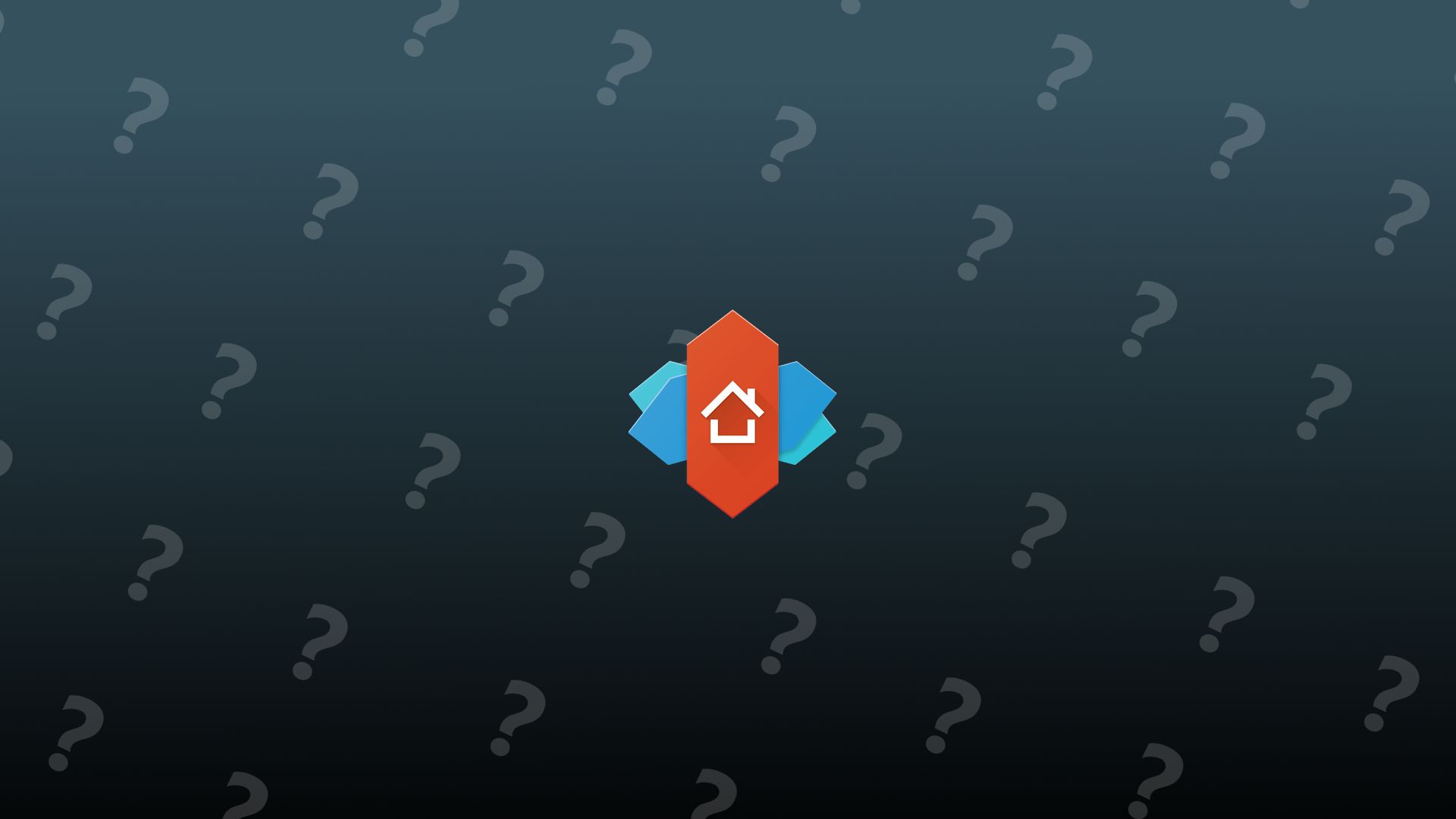 The Nova Launcher logo in front of a dark blue gradient background with transparent question marks