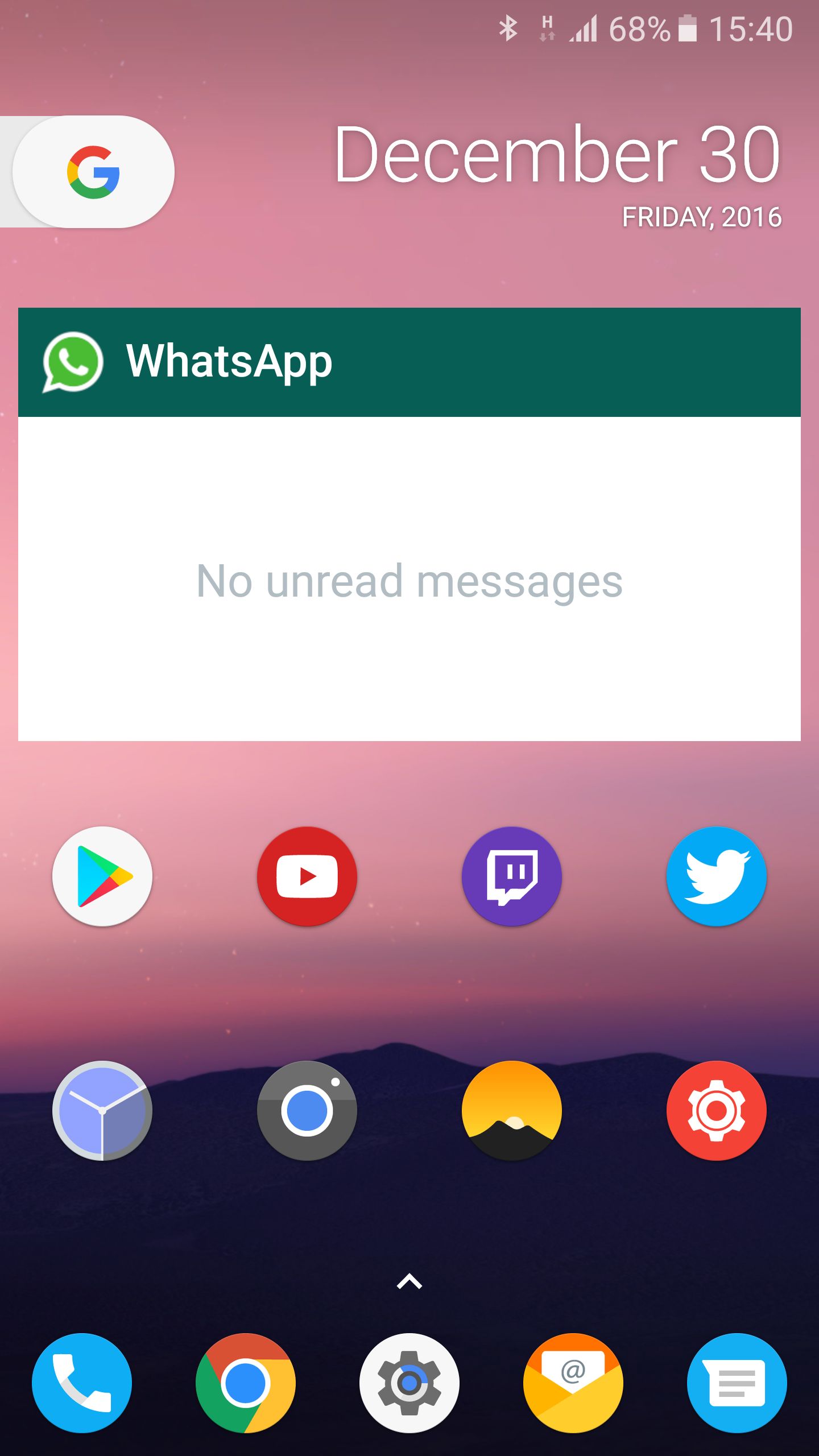 A screenshot of Nova Launcher's home screen, which contains circular app icons. It also displays a WhatsApp widget and a Google widget, which mentions the date being December 30, 2016. The weekday displayed is Friday.